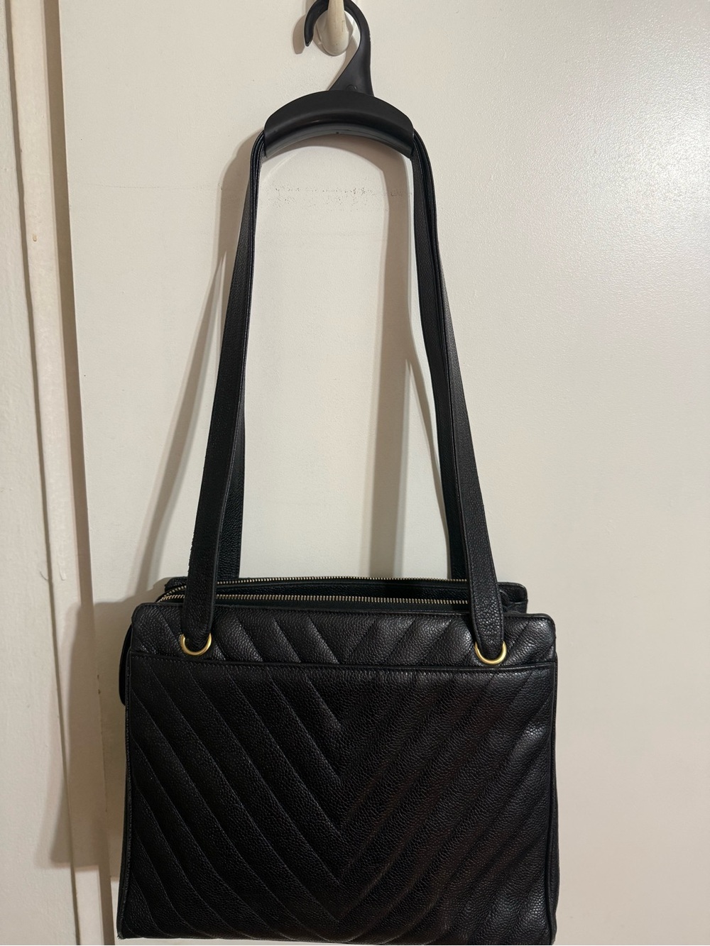 CHANEL Black Calfskin Quilted Shoulder Bag with Gold-Tone Hardware